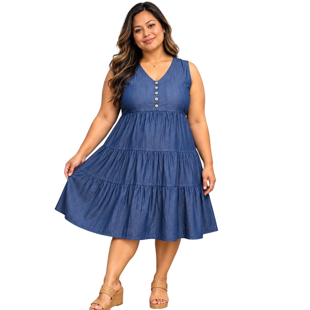 Womens Blue Tiered Denim Look Sleeveless V-Neck Button Front Midi Dress
